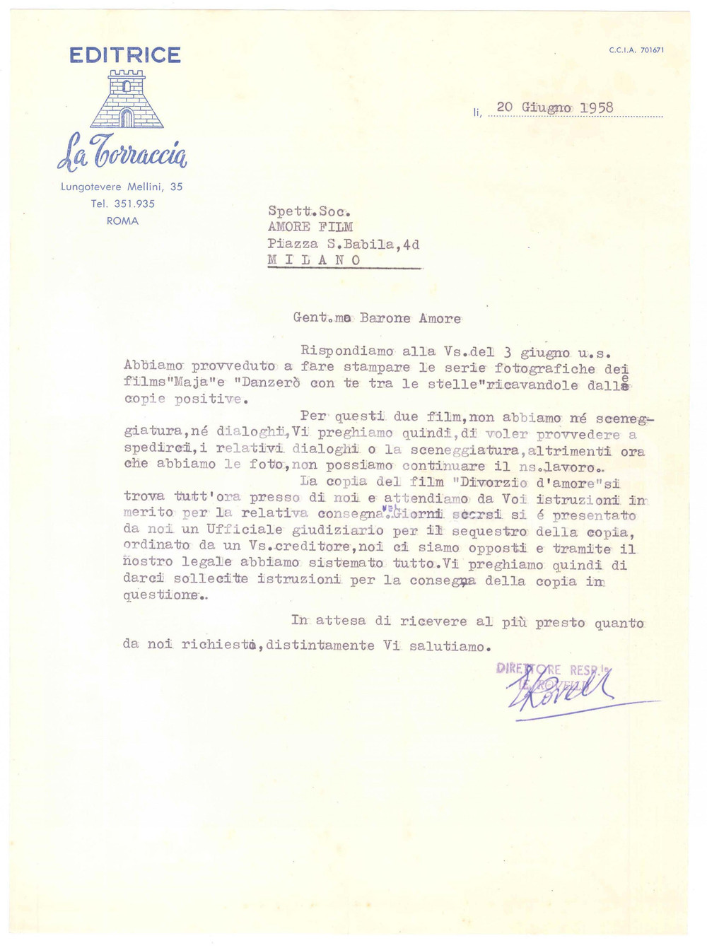 Documento originale, autentico 1958 ROMA Editrice LA TORRACCIA Lettera Edoardo ROVELLI per foto film Autografo 1