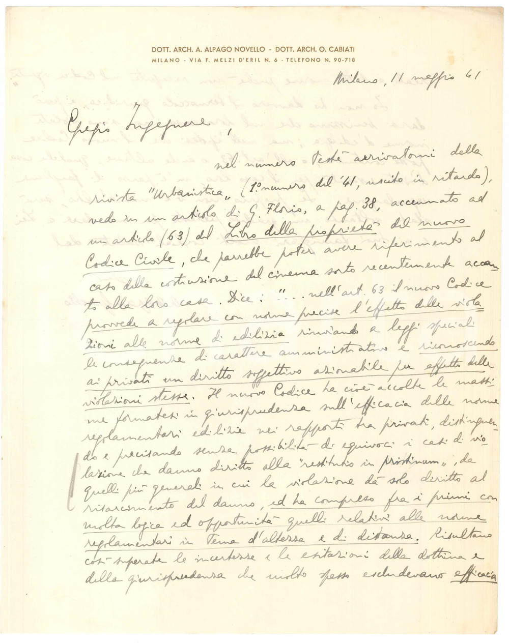 Autografo originale 1941 MILANO Lettera Alberto ALPAGONOVELLO su costruzione cinema Autografo 1