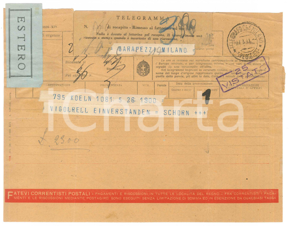 Documento originale, autentico 1941 CICLISMO KOELN Telegramma Jean SCHORN per gara al velodromo VIGORELLI 1