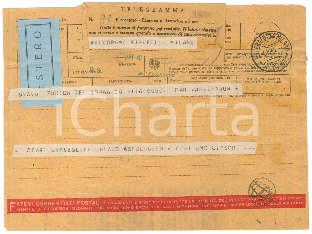 Documento originale, autentico 1940 CICLISMO ZURICH Telegramma Paul EGLI Karl LITSCHI su congedo per gare 1