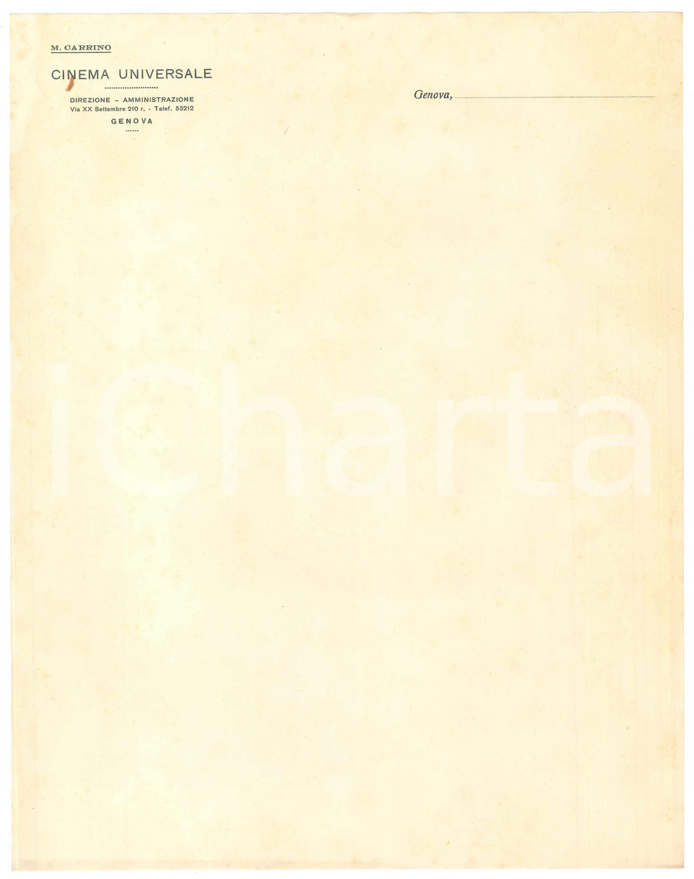 Documento originale, autentico 1930 ca GENOVA via XX Settembre  CINEMA UNIVERSALE M. Carrino  Carta intestata 1