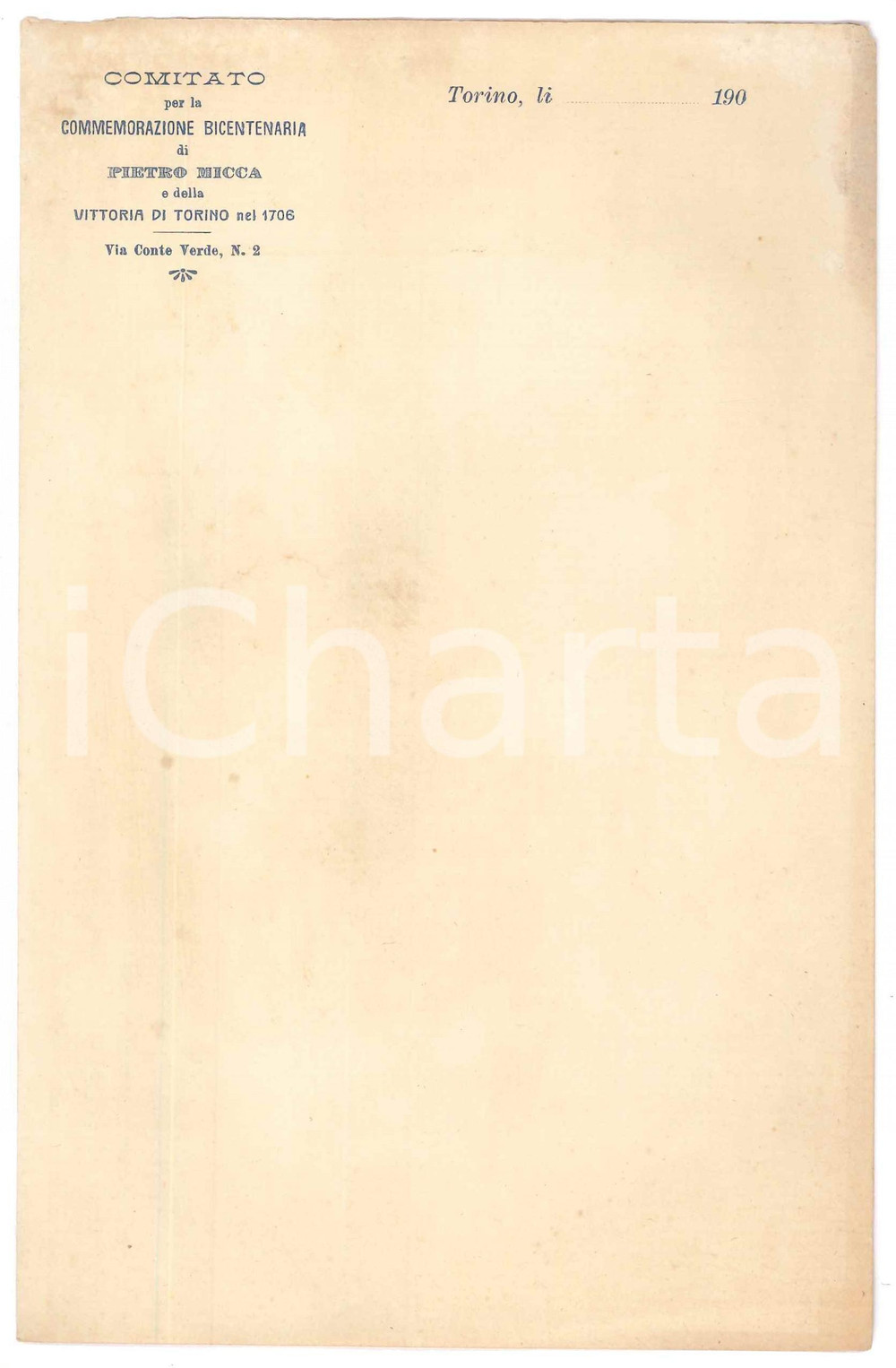 Documento originale, autentico 1900 ca TORINO Comitato Commemorazione PIETRO MICCA  Carta intestata 1