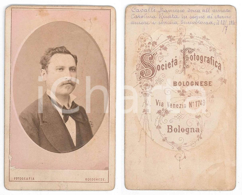 Fotografia d epoca originale 1880 BOLOGNA Ritratto di Francesco CAVALLI  Busto Fotografia Bolognese CDV 1