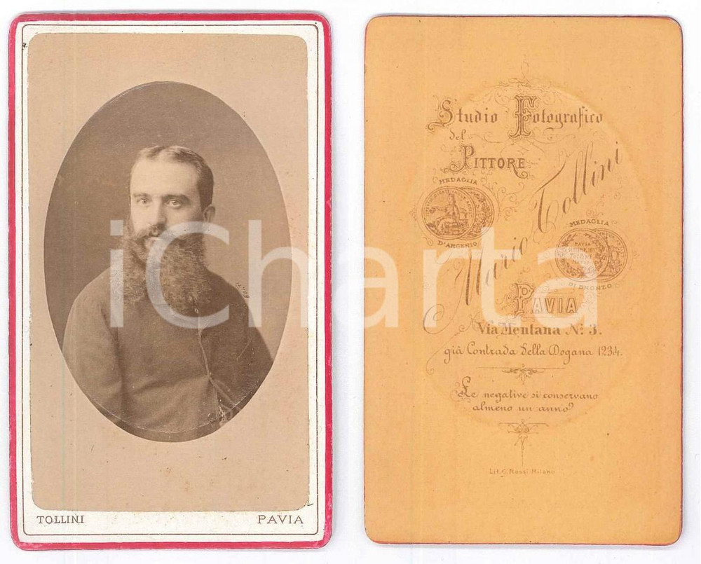 Fotografia d epoca originale 1880 ca PAVIA Giovane uomo con la barba  Ritratto  Foto Mario TOLLINI CDV 1