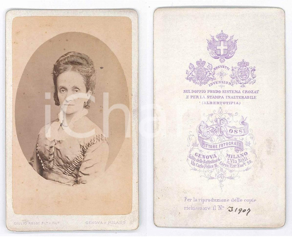 Fotografia d epoca originale 1875 ca COSTUME Donna in abito ricamato  Busto Foto Giulio ROSSI CDV 1