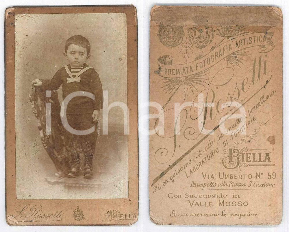 Fotografia d epoca originale 1900 ca BIELLA Bambino vestito alla marinara  Ritratto  Foto S. ROSSETTI CDV 1