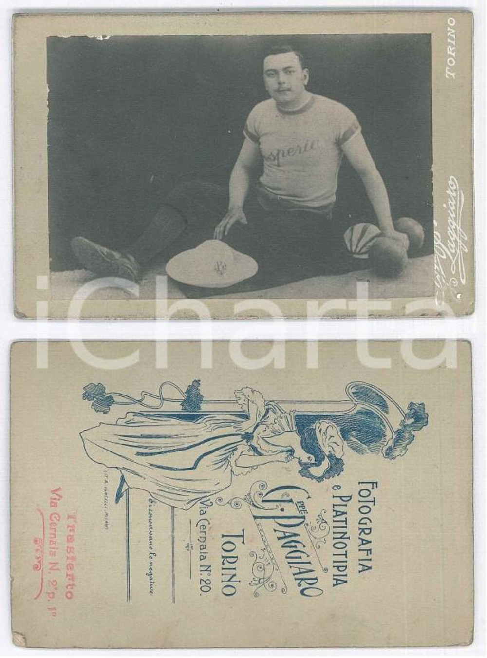 1900 ca TORINO - GINNASTICA Atleta Società ESPERIA con manubrio - Foto PAGGIARO  Fotografia originale d'epoca, su cartoncino rigido.FOTOGRAFO: Giuseppe Paggiaro - Torino, via Cernaia 2 CONDIZIONI:GOOD/buono minime abrasioni marginaliFORMATO: 8x12 cm originale e autentica 1
