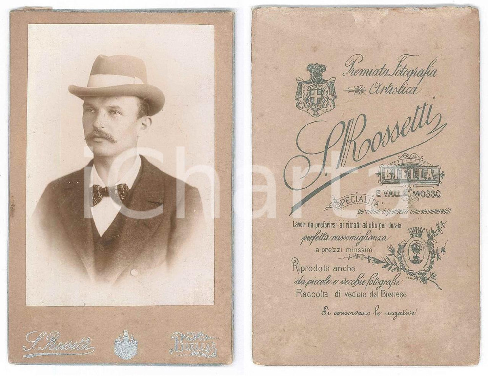 Fotografia d epoca originale 1910 ca BIELLA Giovane uomo con papillon e cappello  Foto S. ROSSETTI 8x12 cm 1
