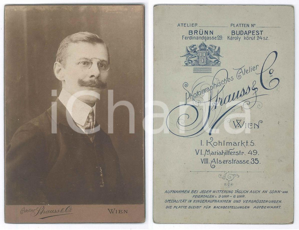Fotografia d epoca originale 1910 ca WIEN Ritratto maschile con gli occhiali  Foto Atelier STRAUSS 10x16 cm 1