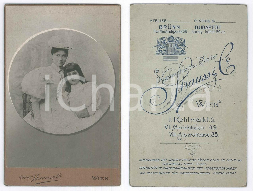1910 ca WIEN Madre e figlia in abito bianco - Ritratto - Foto STRAUSS 10x16 cm