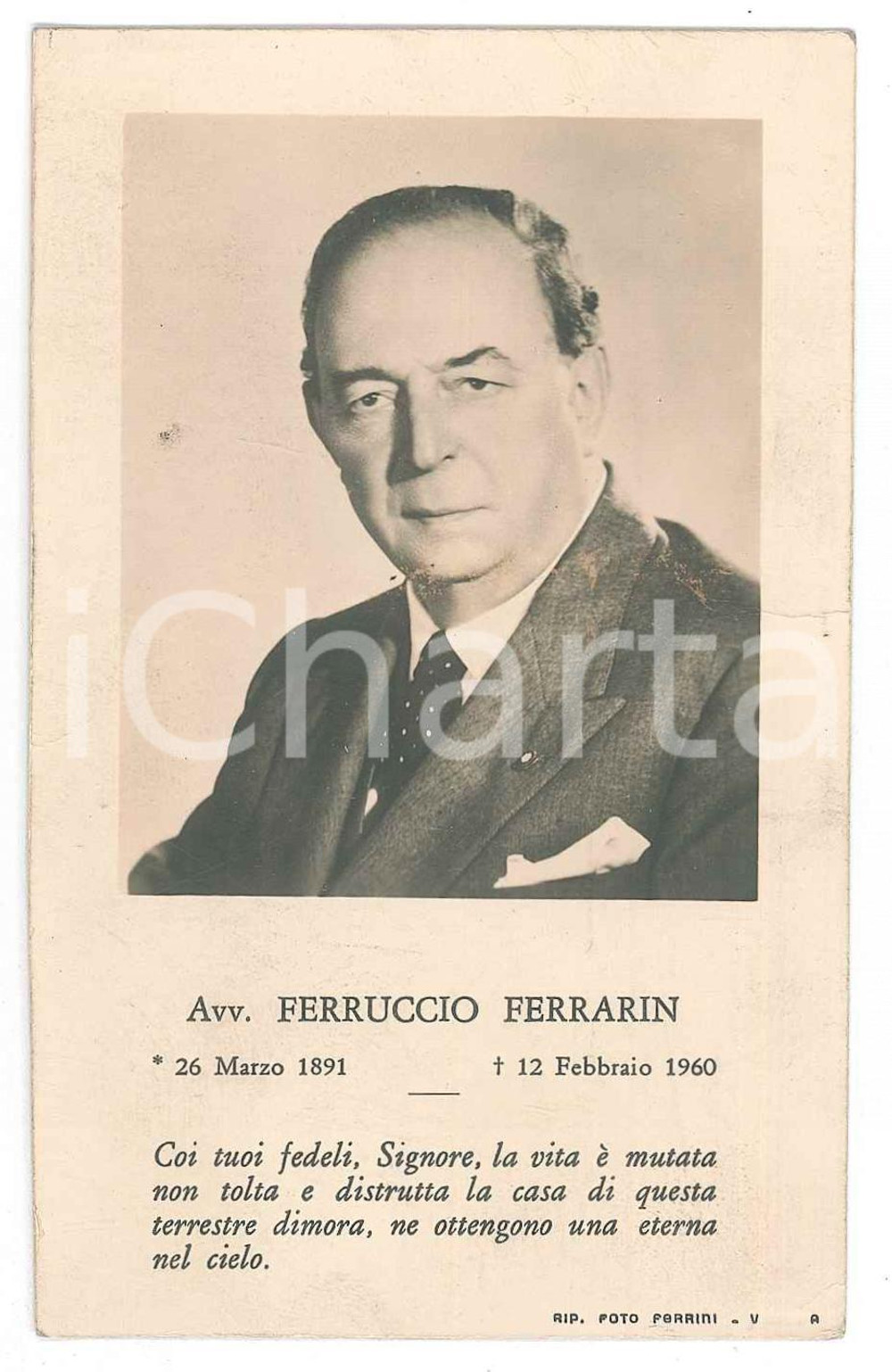 Documento originale, autentico 1960 VENEZIA Ferruccio FERRARIN avvocato  Santino lutto 1