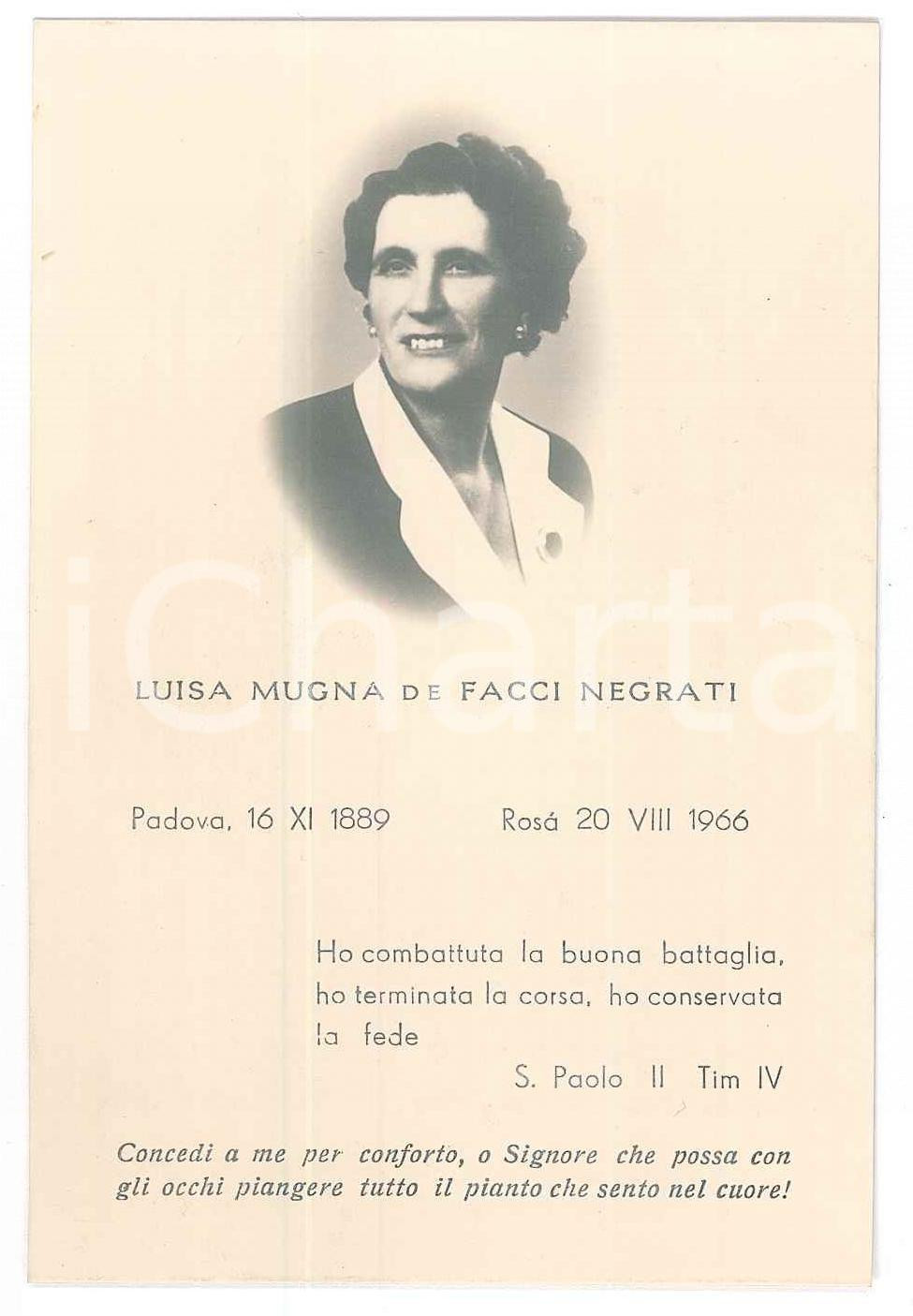 Documento originale, autentico 1966 ROSA  VI Luisa MUGNA DE FACCI NEGRATI  Santino lutto 1