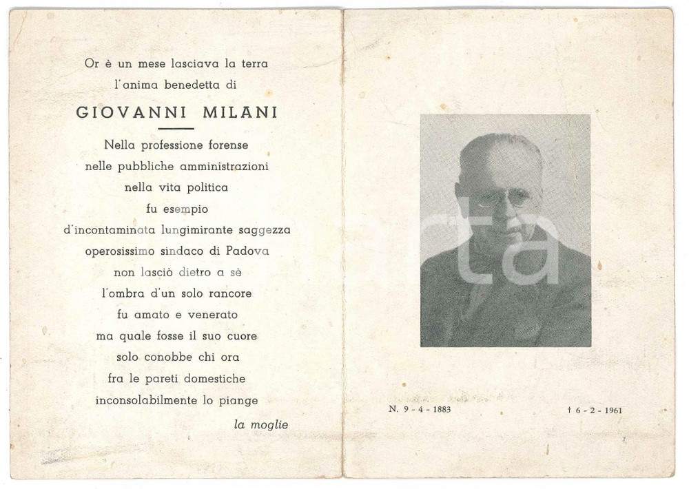 Documento originale, autentico 1961 PADOVA On. Giovanni MILANI  Avvocato Santino lutto 1