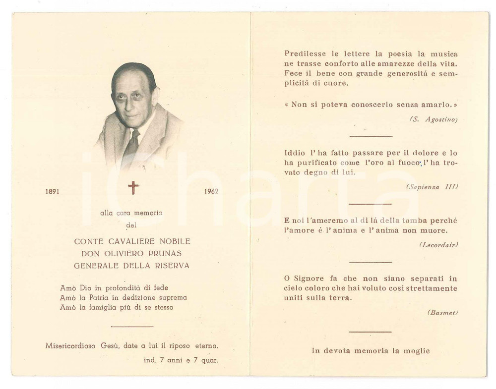 Documento originale, autentico 1962 Conte Oliviero PRUNAS generale della riserva  Santino lutto 1