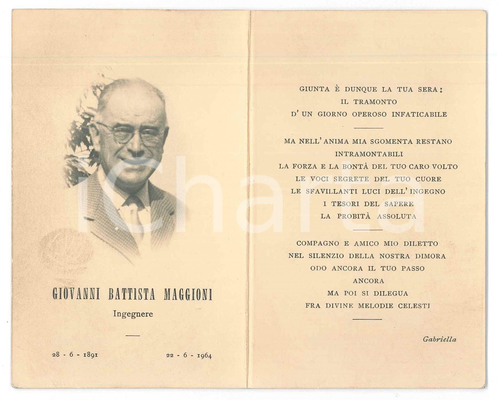 Documento originale, autentico 1964 PADOVA Giovanni Battista MAGGIONI ingegnere  Santino lutto 1