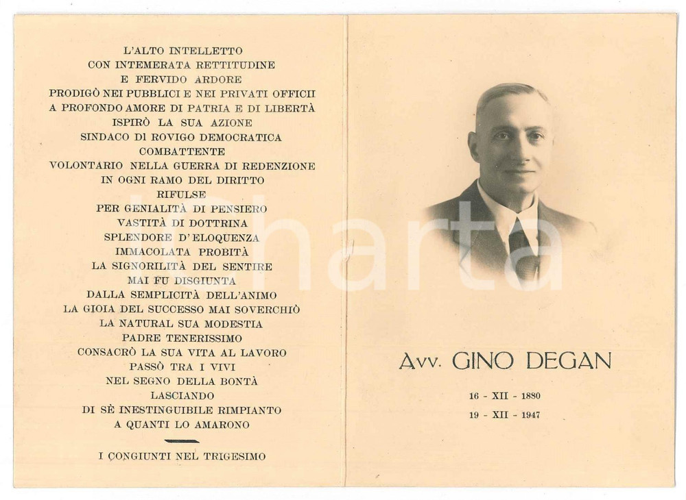 Documento originale, autentico 1947 ROVIGO Gino DEGAN avvocato  Santino trigesimo lutto 1