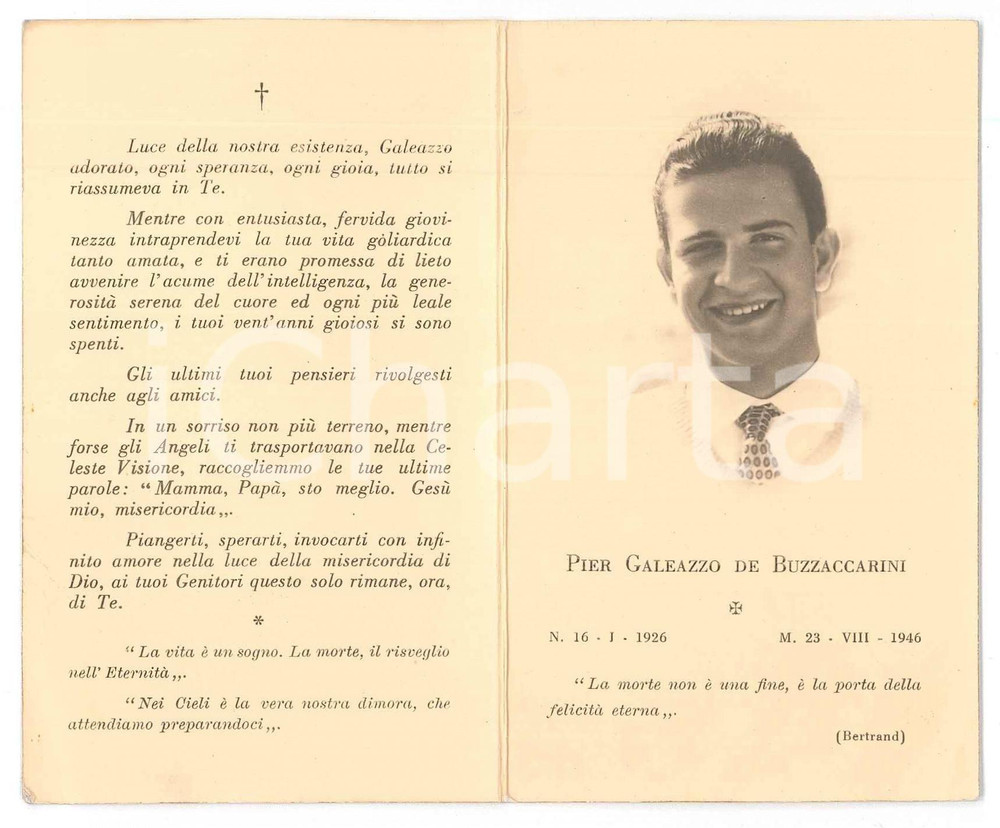 Documento originale, autentico 1946 PADOVA Marchese Pier Galeazzo DE BUZZACARINI  Santino lutto 1