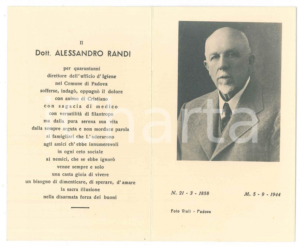 Documento originale, autentico 1944 PADOVA Alessandro RANDI Direttore Ufficio d Igiene  Santino lutto 1