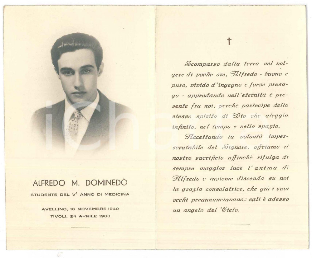 Documento originale, autentico 1963 TIVOLI Alfredo M. DOMINEDO  Studente V anno Medicina  Santino lutto 1