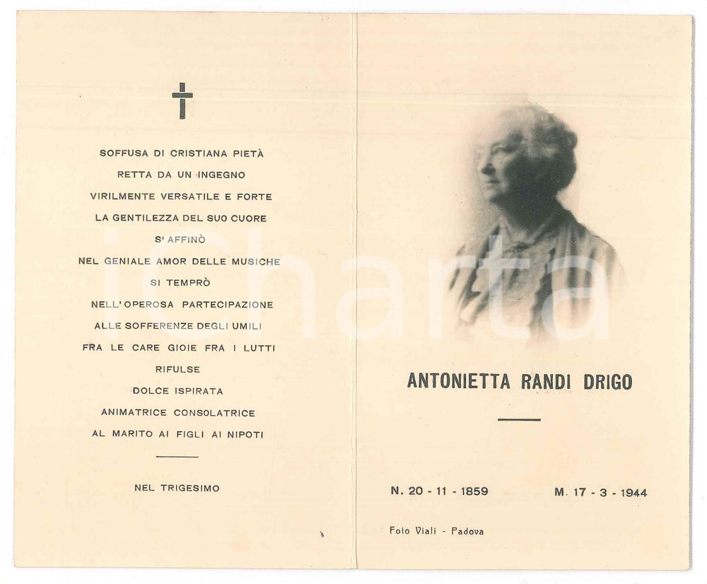 Documento originale, autentico 1944 PADOVA Antonietta RANDI DRIGO  Santino trigesimo lutto 1