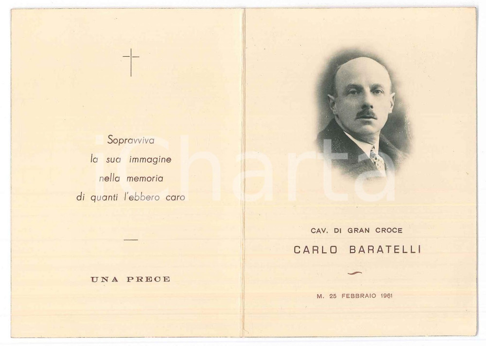 Documento originale, autentico 1961 PADOVA Carlo BARATELLI cav. di Gran Croce  Santino lutto 1