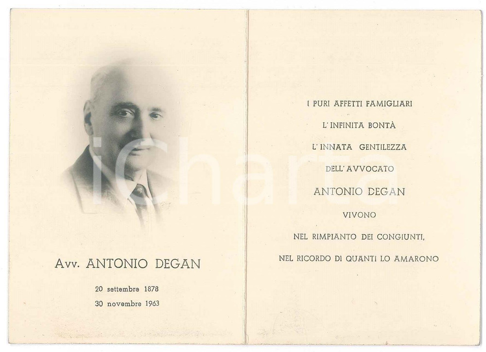 Documento originale, autentico 1963 ROVIGO Antonio DEGAN avvocato  Santino lutto 1
