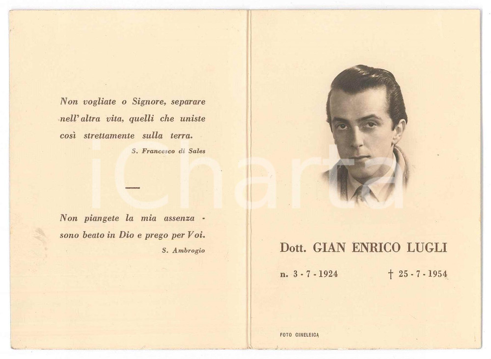 Documento originale, autentico 1954 PADOVA Dott. Gian Enrico LUGLI  Santino lutto 1