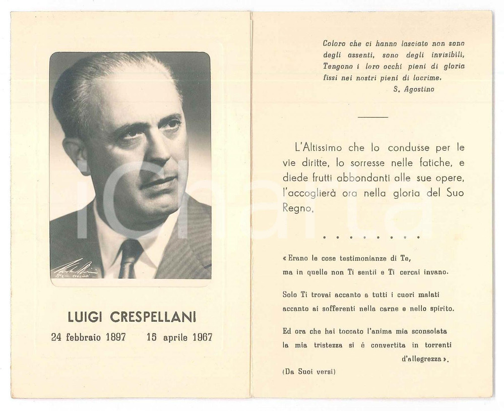 Oggetto da collezione cartaceo 1967 CAGLIARI Luigi CRESPELLANI ex sindaco  Santino lutto 1