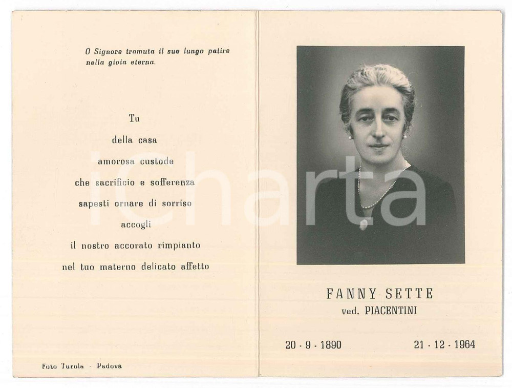 Documento originale, autentico 1964 PADOVA Fanny SETTE vedova PIACENTINI  Santino lutto 1