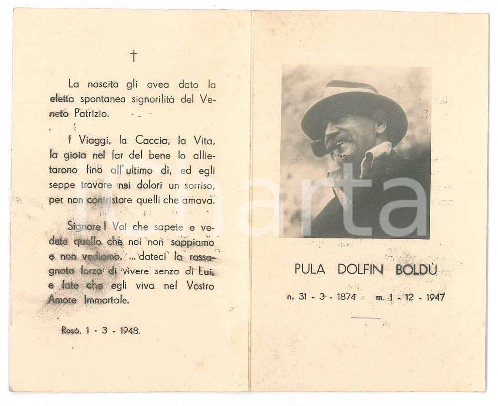 Documento originale, autentico 1948 ROSA  PD Pula DOLFIN BOLDU  nobile veneziano  Santino lutto 1