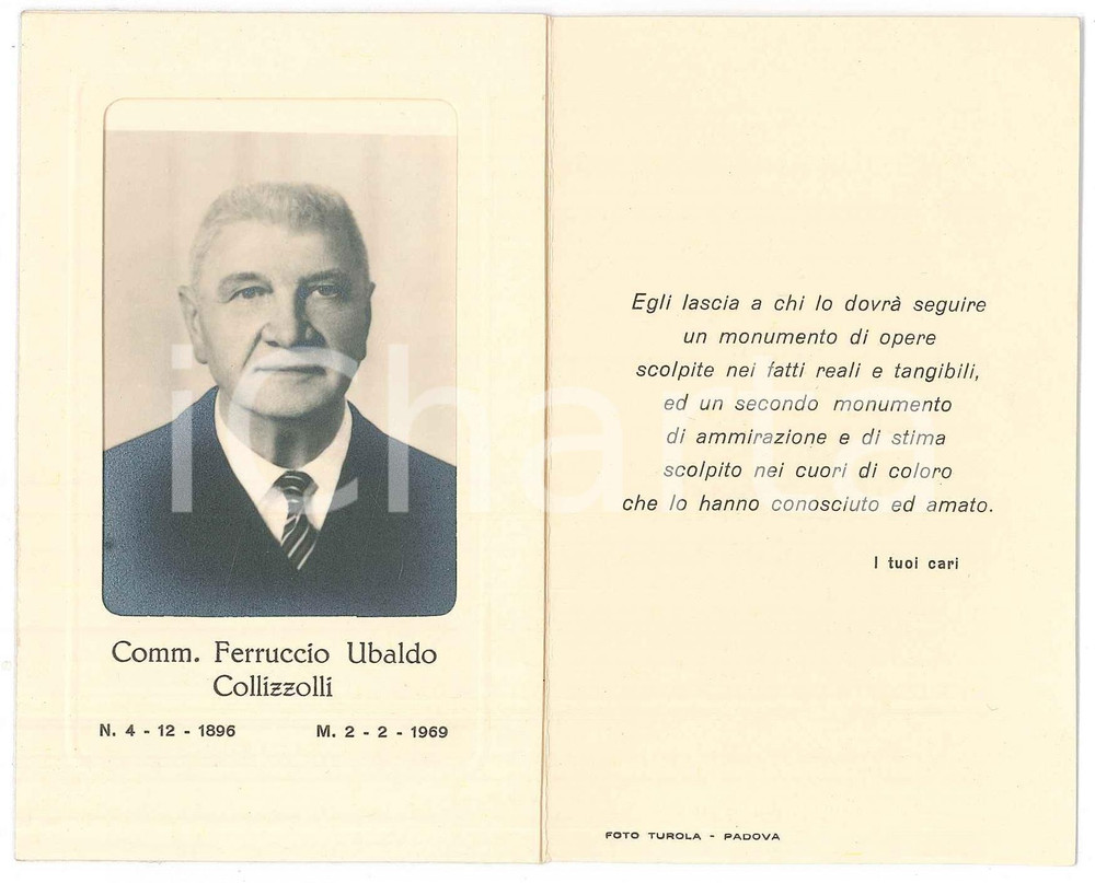 Documento originale, autentico 1969 PADOVA Comm. Ferruccio Ubaldo COLLIZZOLLI  Santino lutto 1