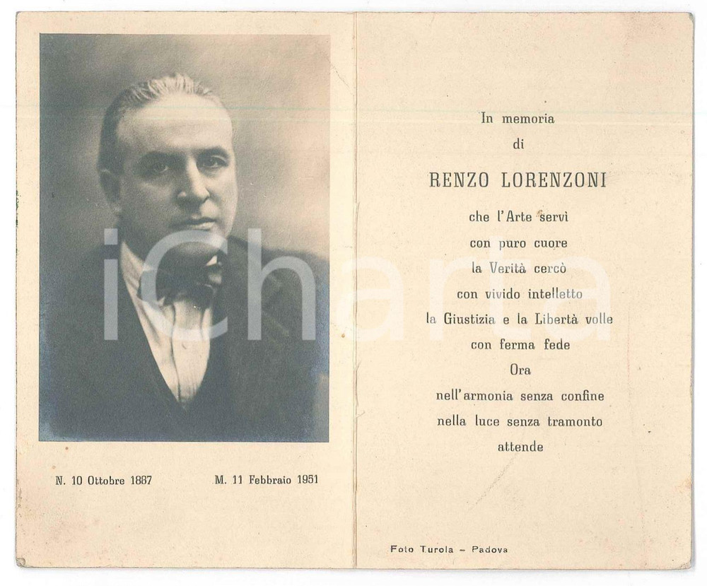 Documento originale, autentico 1951 PADOVA Renzo LORENZONI pianista  Santino lutto 1