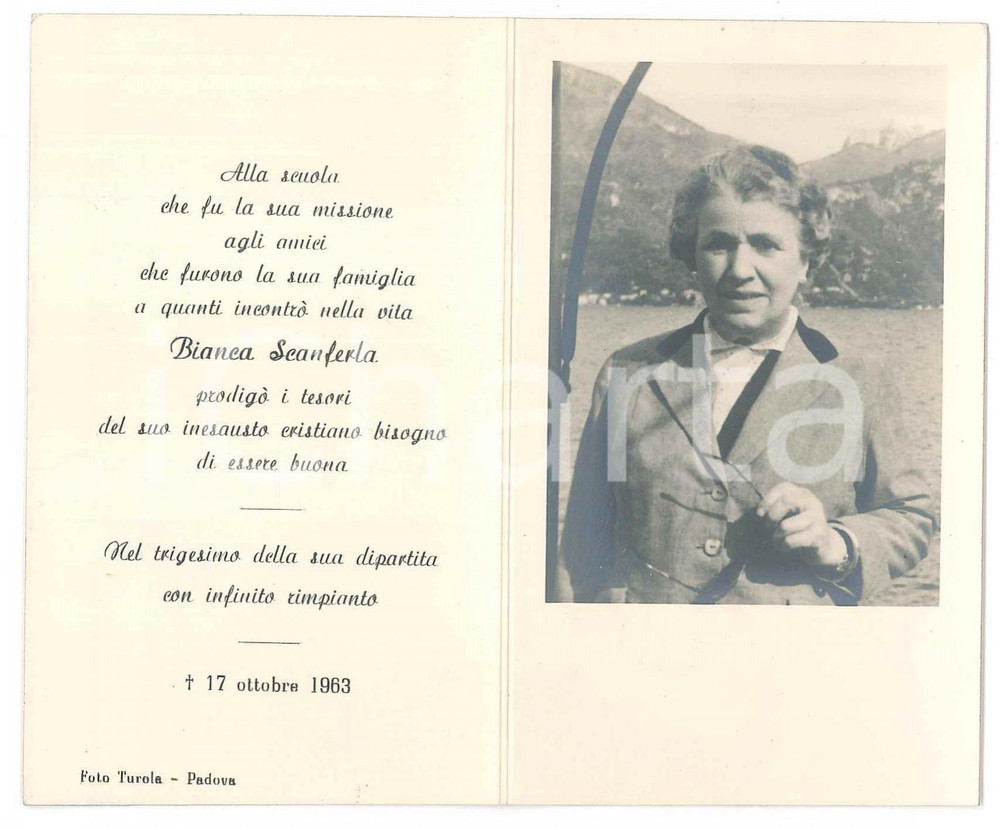 Documento originale, autentico 1963 PADOVA Bianca SCANFERLA  Insegnante  Santino lutto 1
