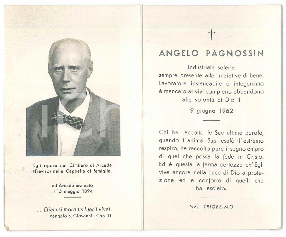 Documento originale, autentico 1962 TREVISO Angelo PAGNOSSIN Imprenditore ceramica Santino trigesimo lutto 1