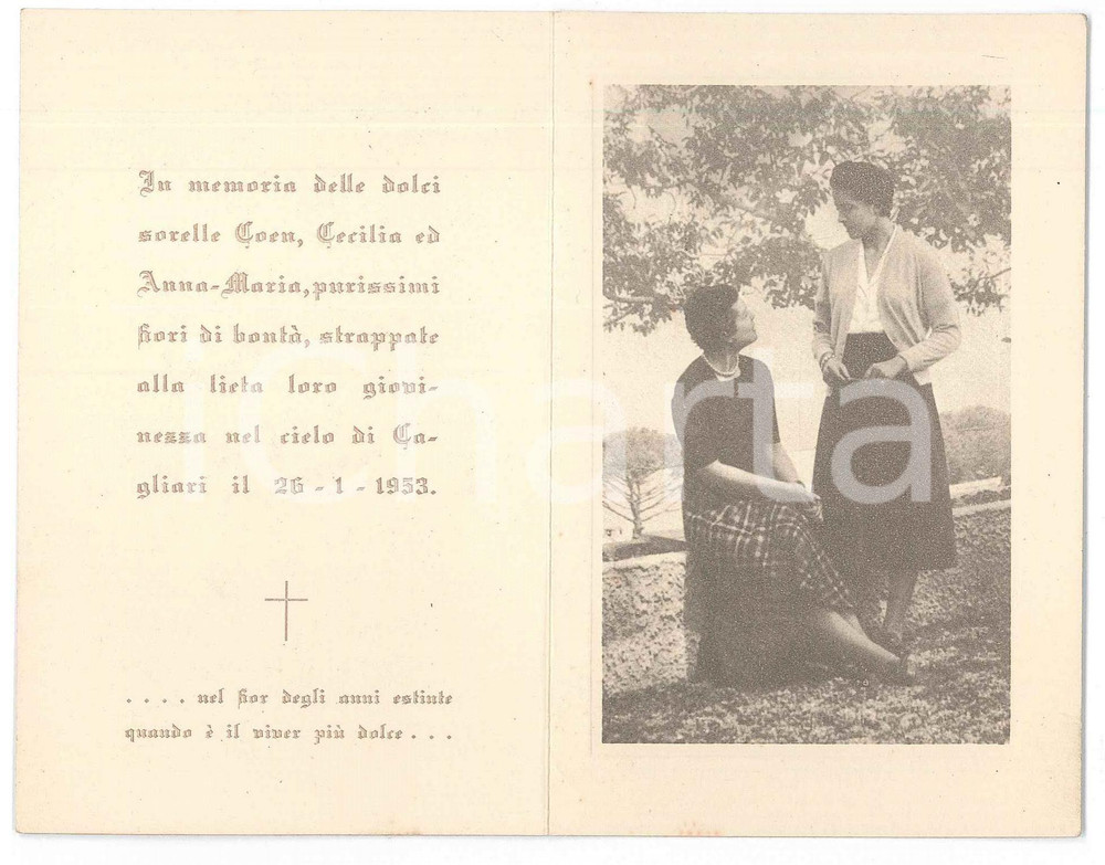 Documento originale, autentico 1953 NAPOLI Cecilia e Annamaria COEN  Incidente aereo Sinnai  Santino lutto 1