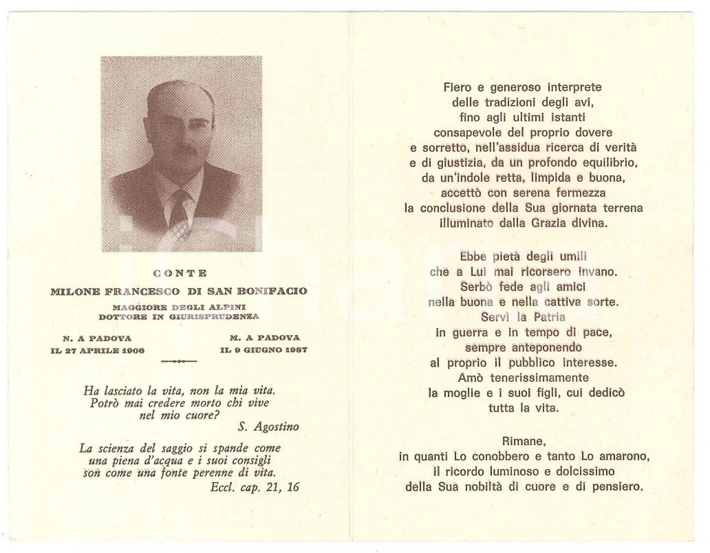 Documento originale, autentico 1987 PADOVA Conte Francesco MILONE DI SAN BONIFACIO  Santino 1