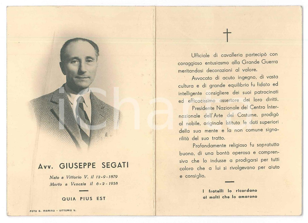 Documento originale, autentico 1958 VENEZIA Giuseppe SEGATI avvocato  Santino lutto 1