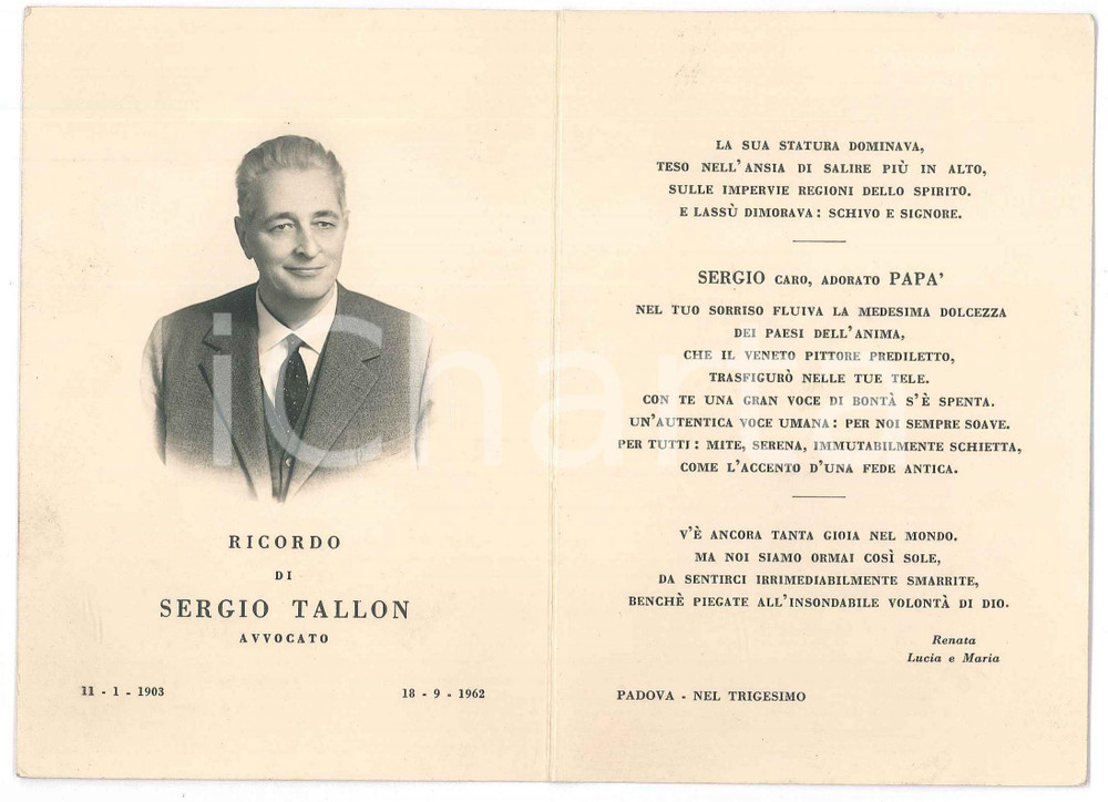 Documento originale, autentico 1962 PADOVA Sergio TALLON avvocato  Santino lutto 1