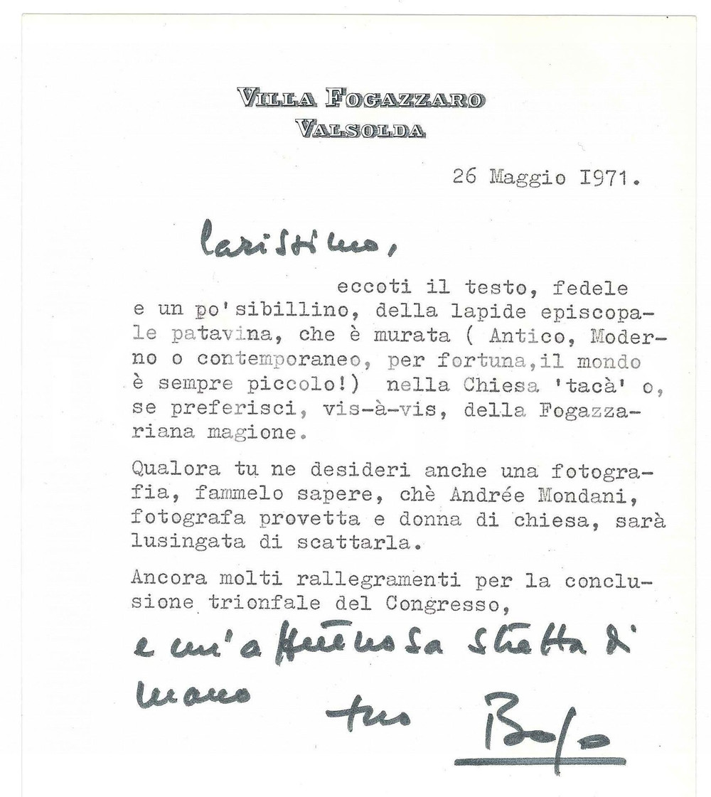 Autografo originale 1971 ORIA  VILLA FOGAZZARO  Lettera marchese Giuseppe ROI Autografo 1