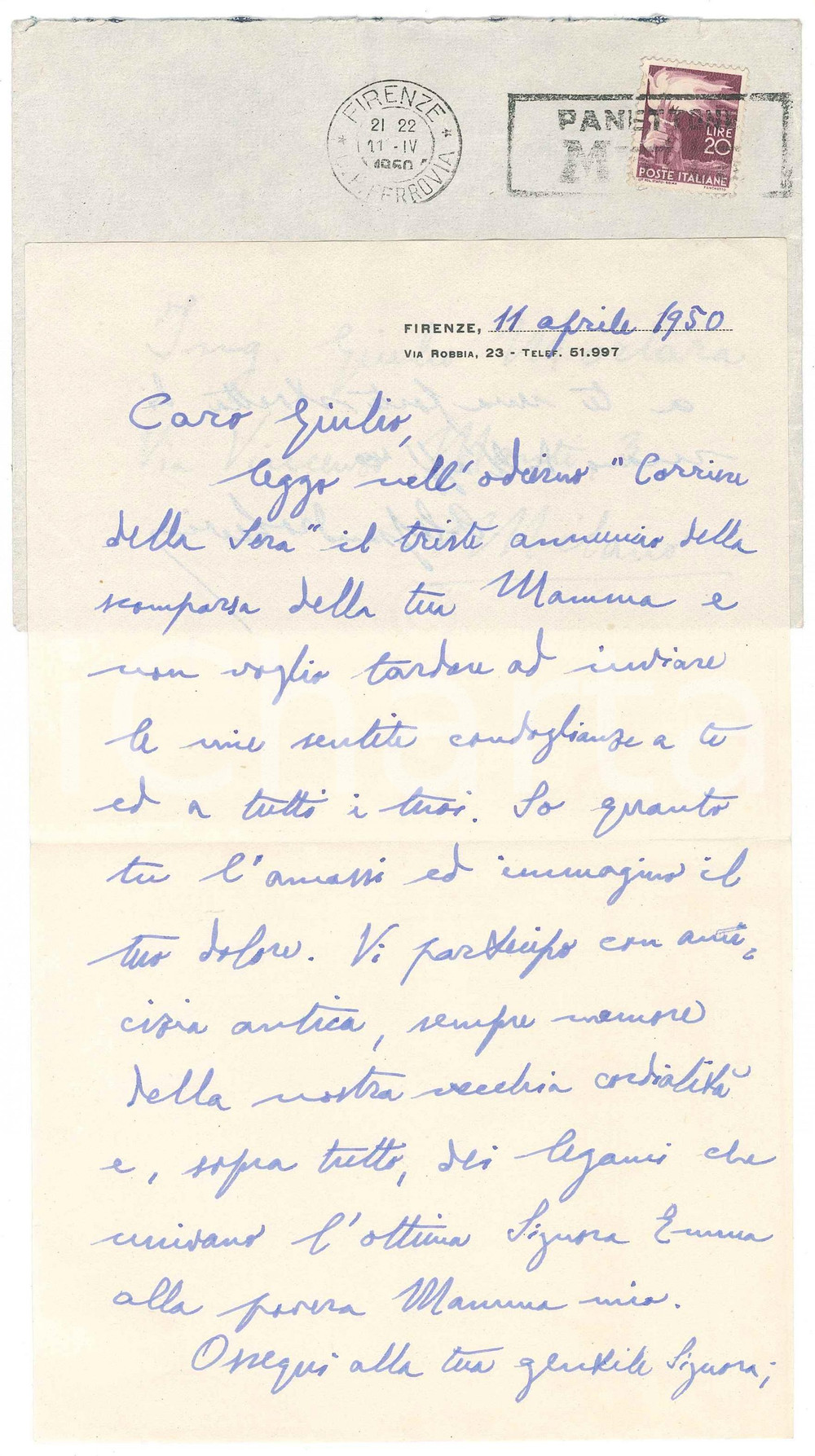 Autografo originale 1950 FIRENZE Lettera prof. Alessandro LEVI giurista  Condoglianze AUTOGRAFO 1