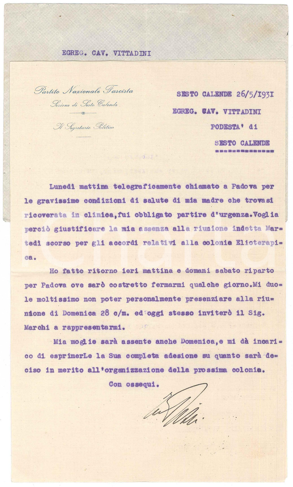 Autografo originale 1931 PNF SESTO CALENDE Lettera segretario politico per assenza Autografo 1