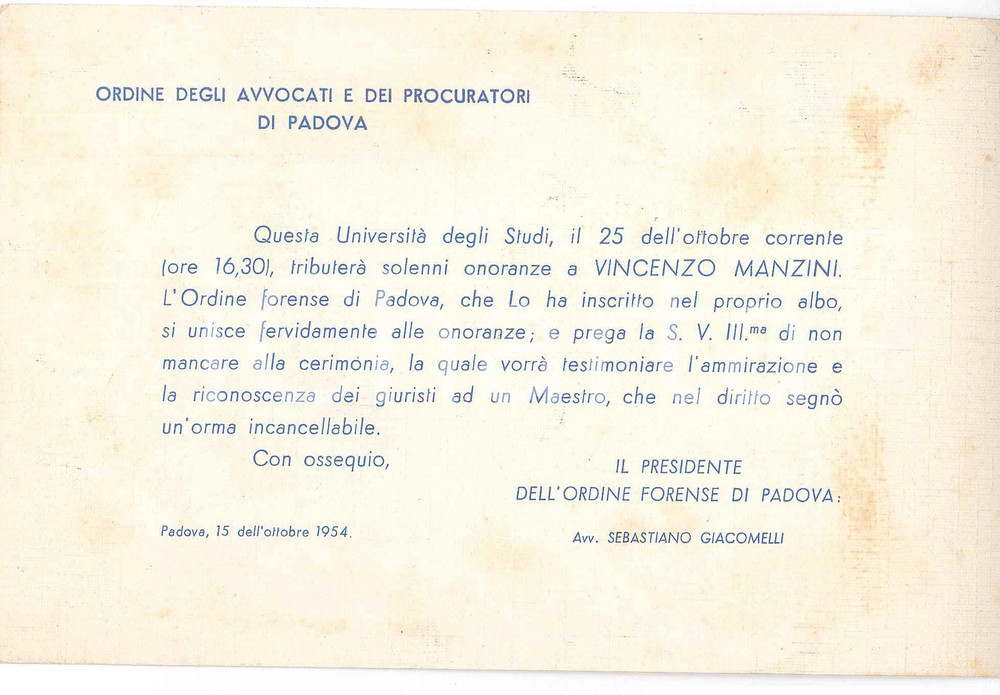 Documento originale, autentico 1954 PADOVA Ordine avvocati e procuratori  Onoranze a Vincenzo MANZINI Invito 1