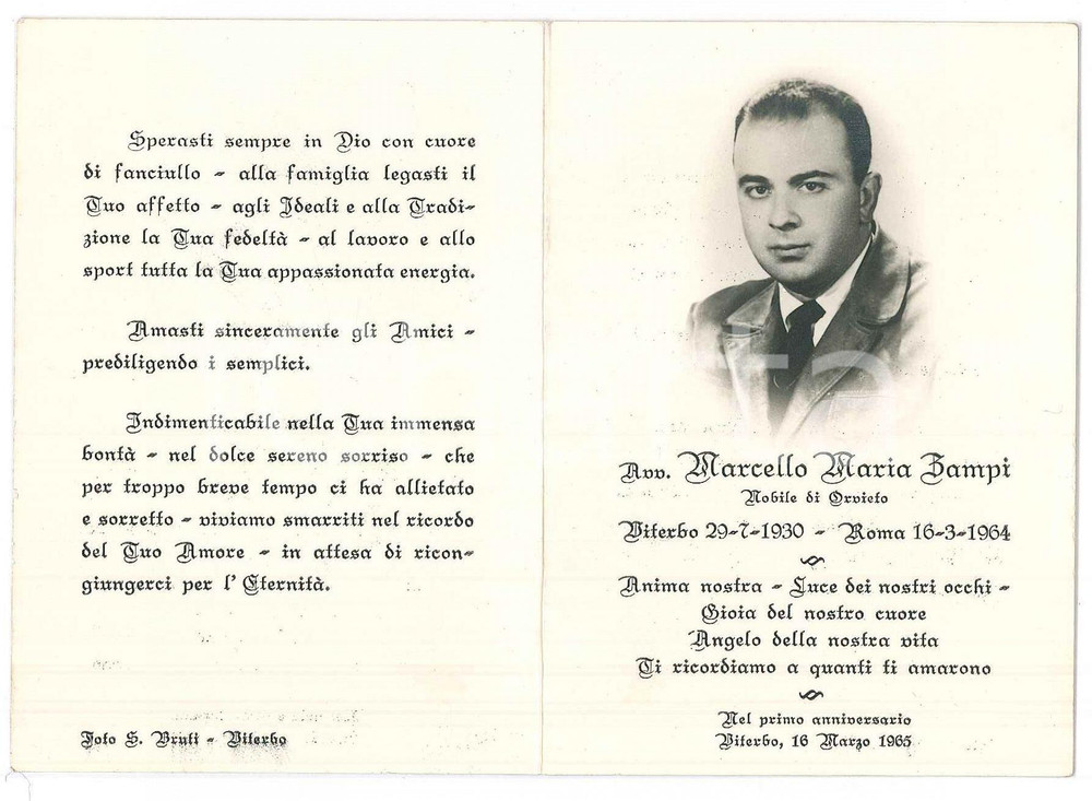 Documento originale, autentico 1965 ROMA Marcello Maria ZAMPI nobile di Orvieto  Santino anniversario lutto 1