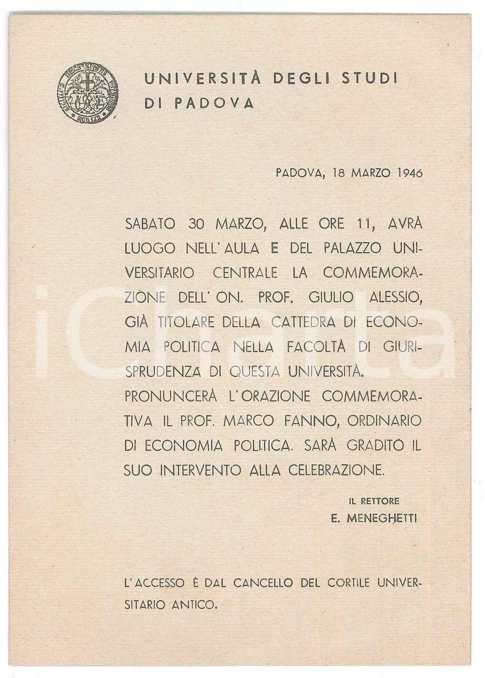 Documento originale, autentico 1946 PADOVA UniversitÃ  degli studi  Commemorazione Prof. Giulio ALESSIO Invito 1