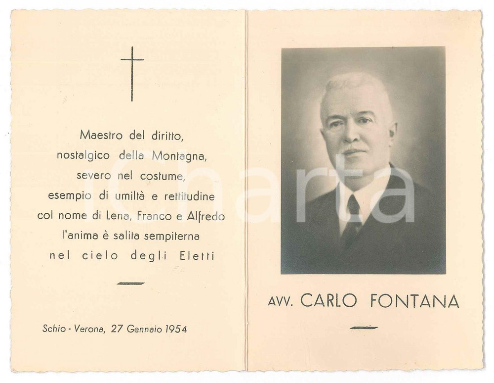 Documento originale, autentico 1954 VERONA  Carlo FONTANA avvocato  Santino lutto 1