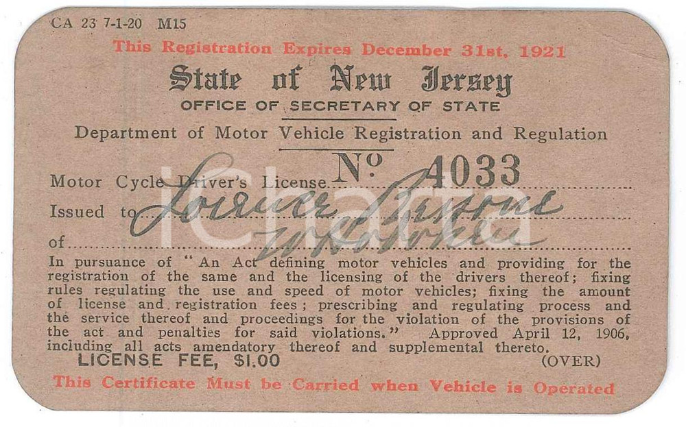 Documento originale, autentico 1921 USA  State of NEW JERSEY  Motor Cycle Driver s Licence 1