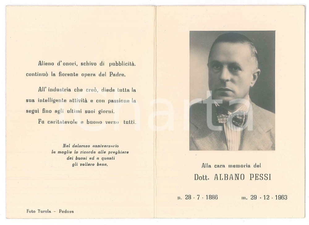 Documento originale, autentico 1963 PADOVA Dott. Albano PESSI  Santino lutto 1