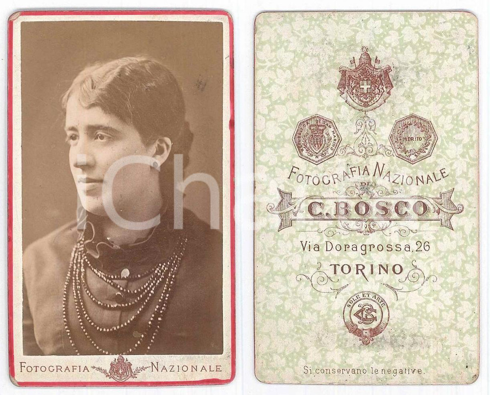 Fotografia d epoca originale 1890 ca TORINO Giovane donna con collana Ritratto Foto C. BOSCO CDV 1