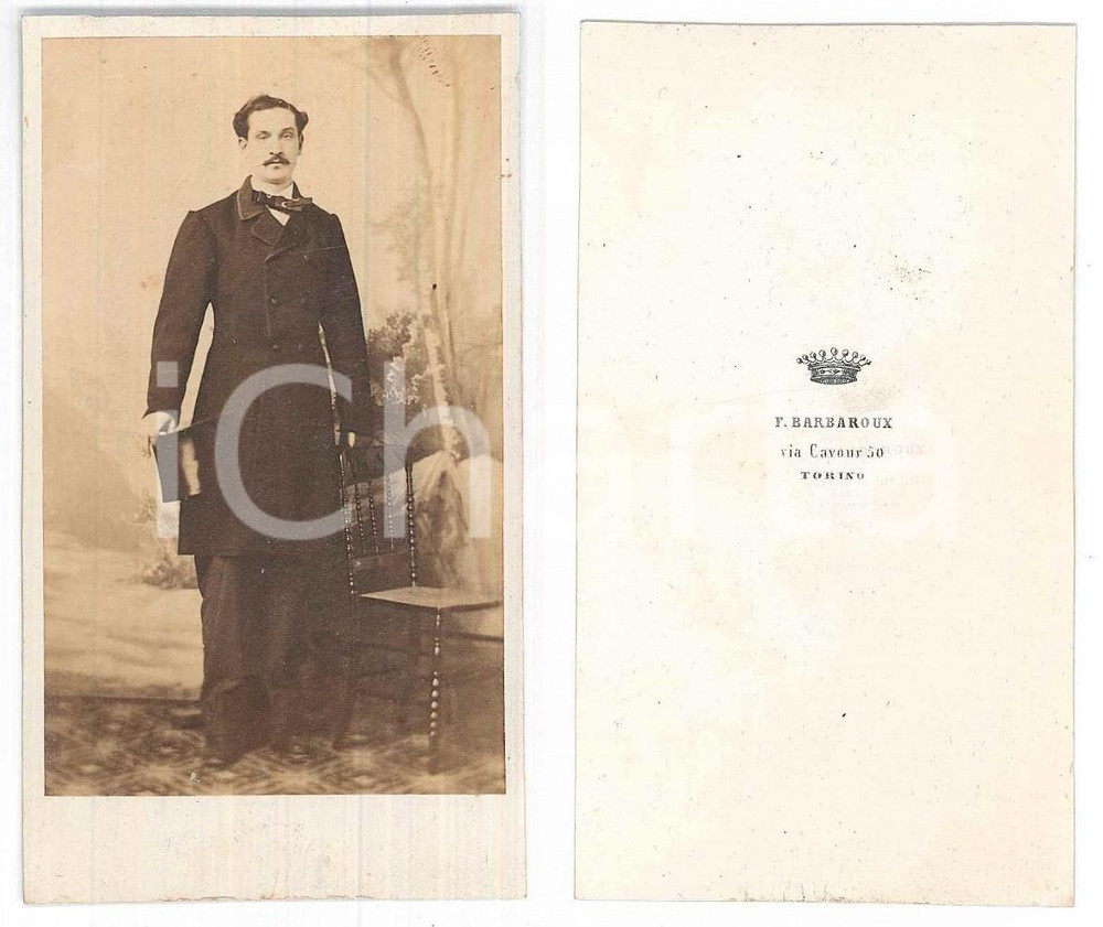 Fotografia d epoca originale 1870 ca TORINO Ritratto maschile con cilindro Foto F. BARBAROUX CDV 1