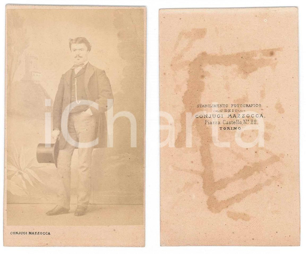 Fotografia d epoca originale 1870 ca TORINO Ritratto maschile con cilindro Foto MAZZOCCA  CDV 1